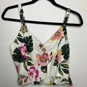 JOA Just One Answer WHITE Floral LINEN BLEND Smocked Back BUTTON Crop TANK TOP M